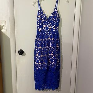 Blue lace fit and flare midi dress